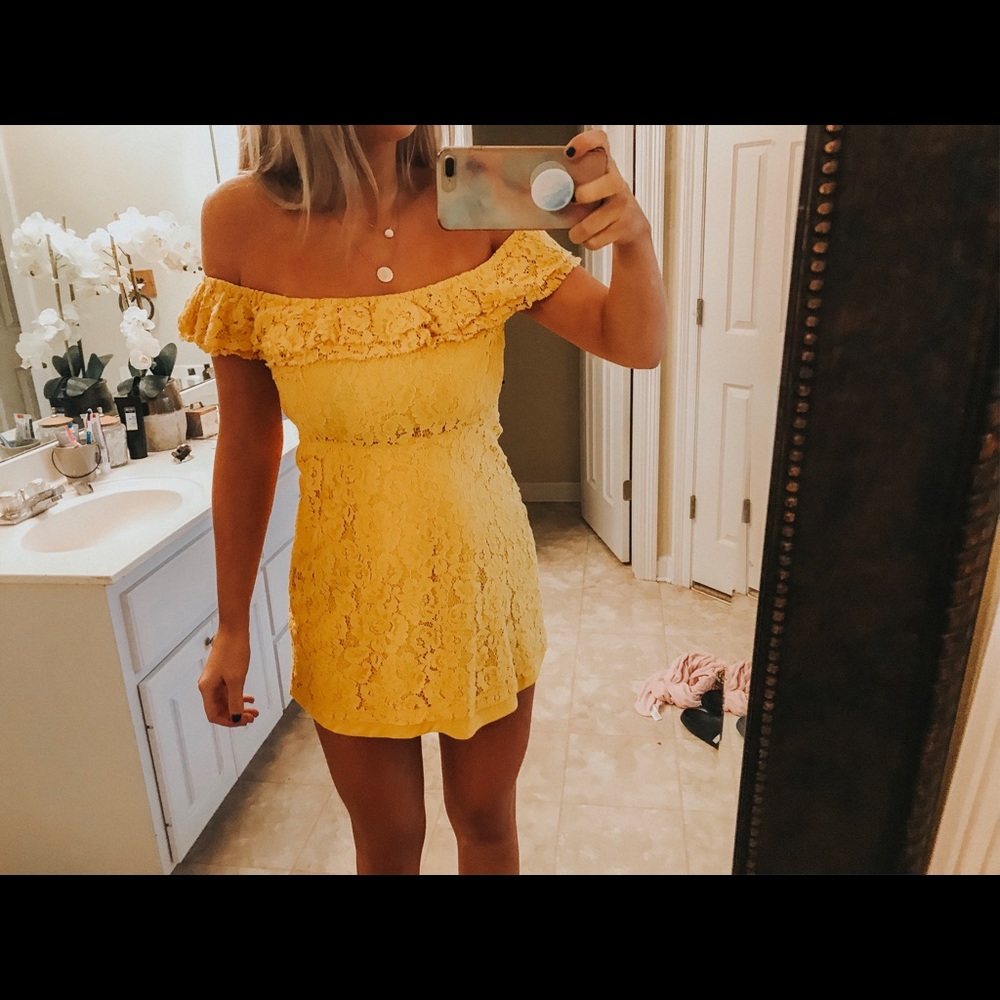 Yellow lace off shoulder mini dress